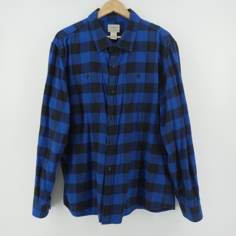 L.L. Bean Flannel Shirt Mens L Blue Black Buffalo Plaid Slightly Fitted 513825